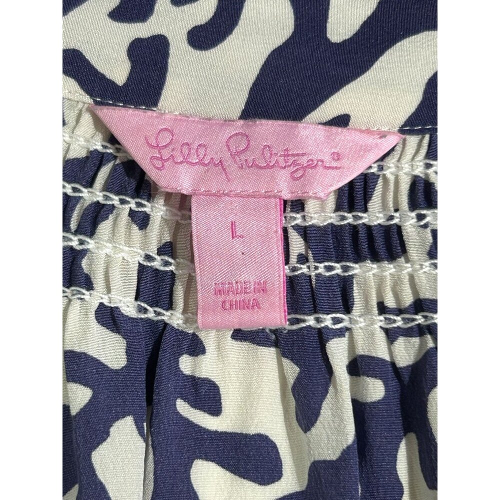 Lilly Pulitzer Women's White Navy Blue Silk Coral Elsa Blouse Top Size L 3083 - Picture 7 of 12